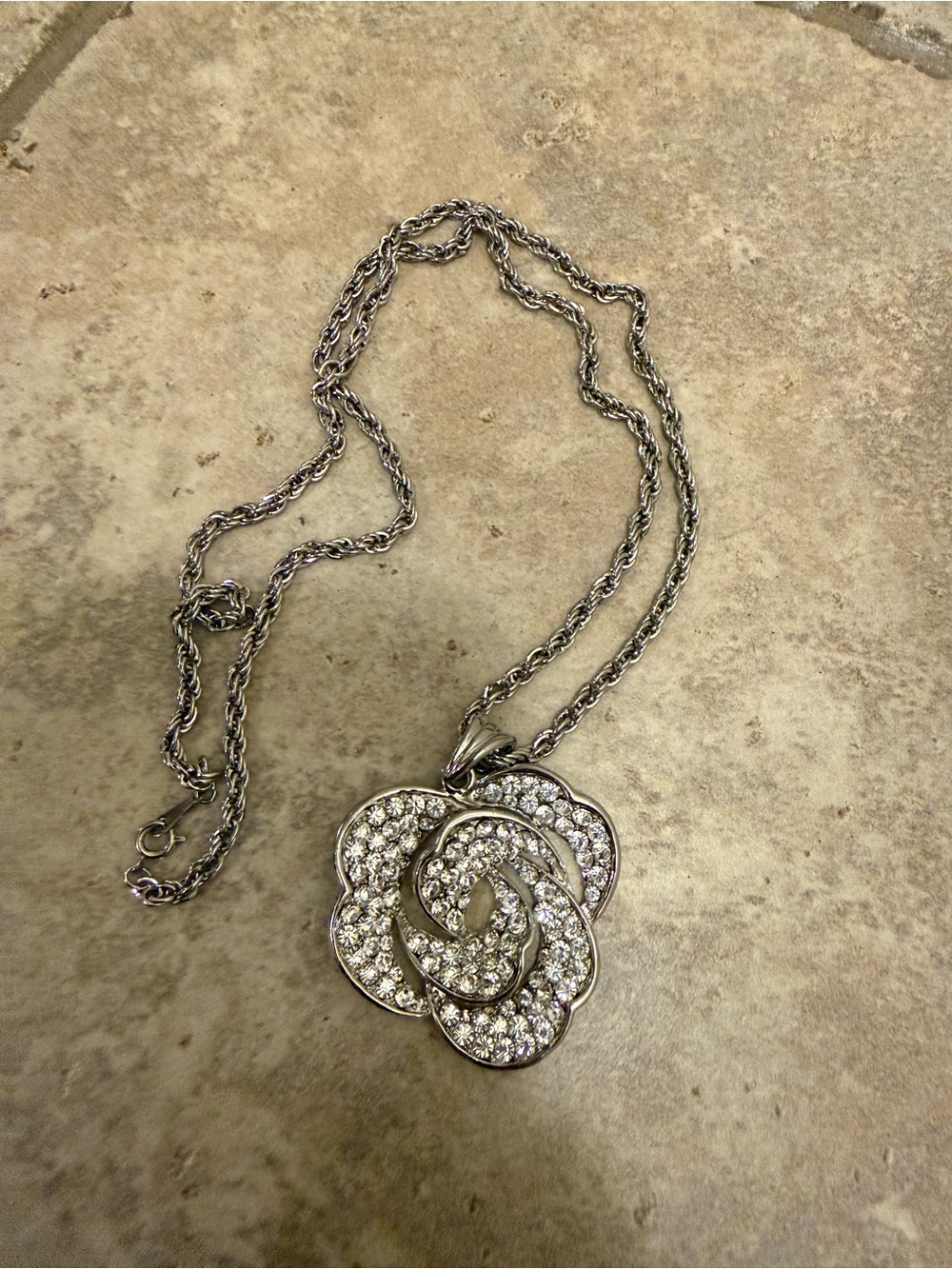 Silver Crystal Flower Pendant Necklace - Sparkling White